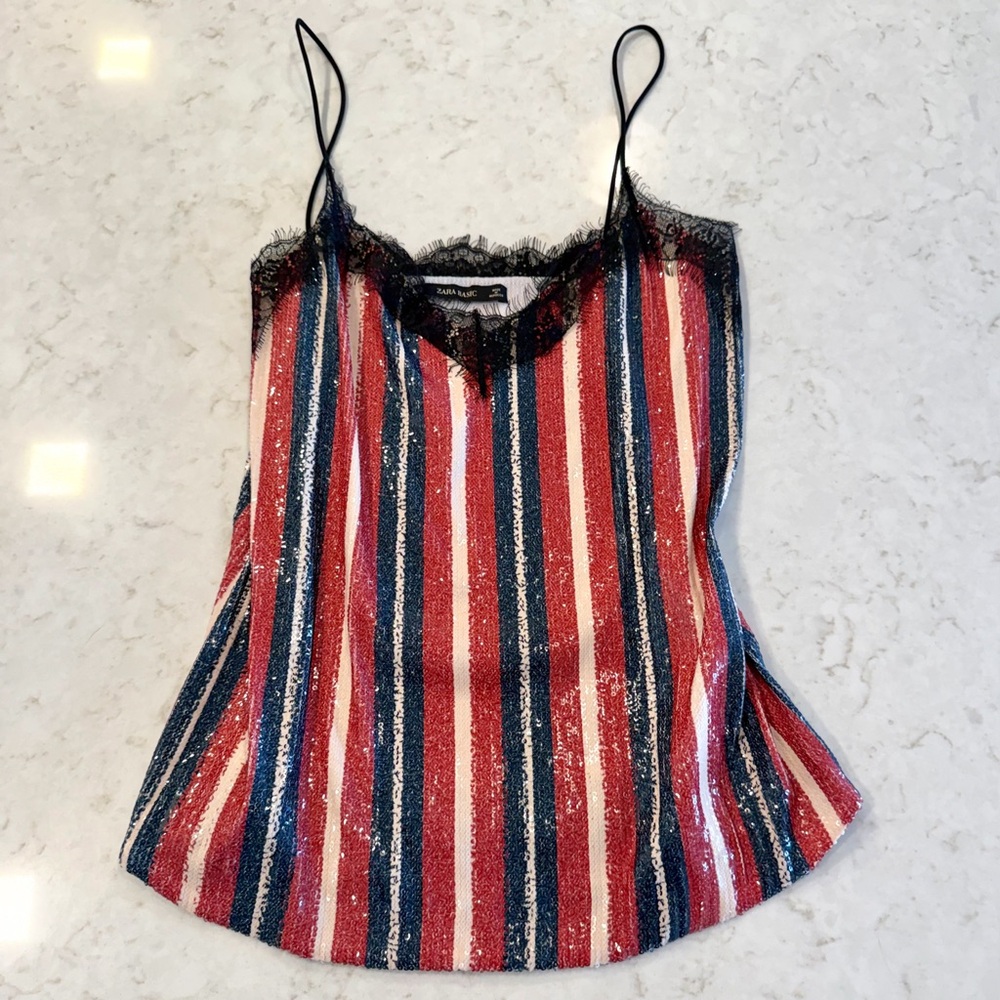 Zara Sequin Striped Lace-Trimmed Top